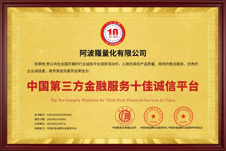 中国第三方金融服务十佳诚信平台证书